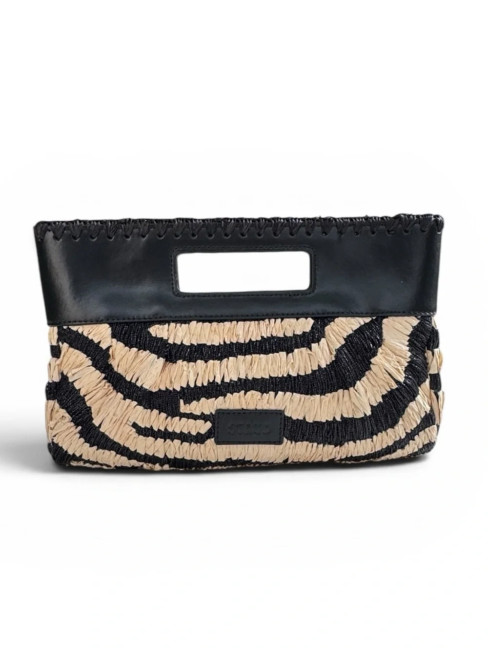 STAUD Black and Natural Zebra-Print Woven Shoulder Bag NWT